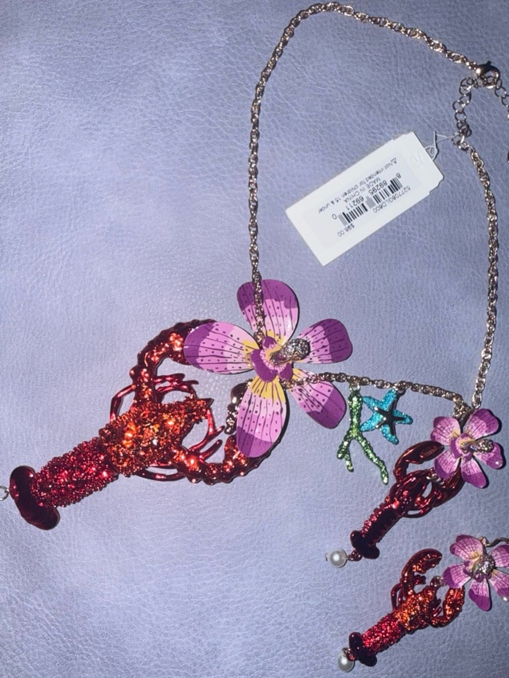 Betsey Johnson Pink Purple Floral Lobster Necklace and Earring Set